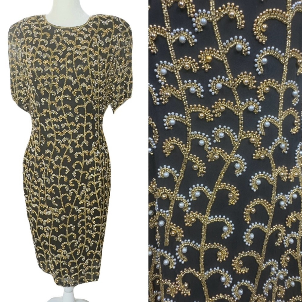 Vintage Oleg Cassini Black Tie designer evening cocktail dress black gold sz 8